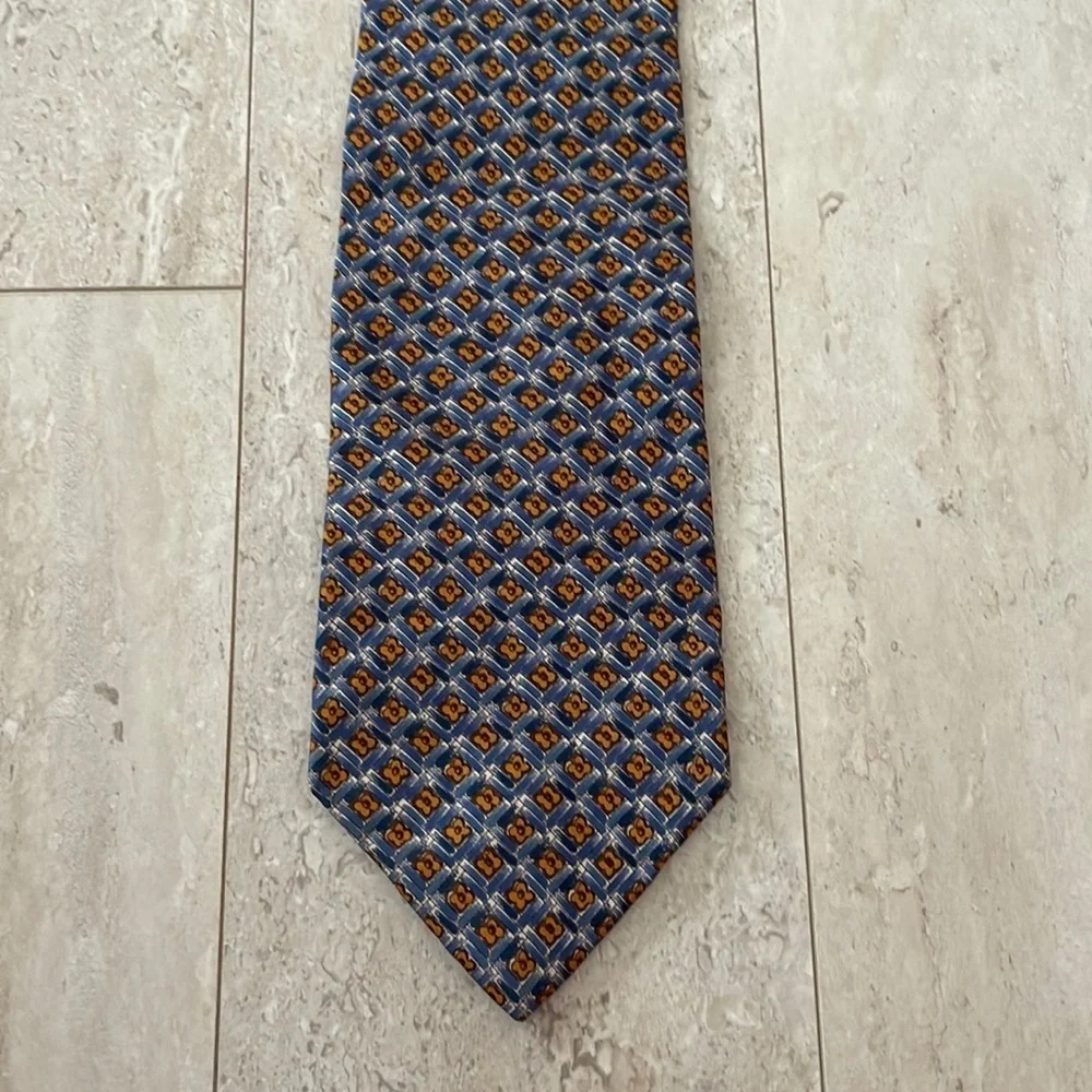 J. Crew Floral Plaid 100% Silk Suit Tie Blue Golden Yellow Cocktail Party